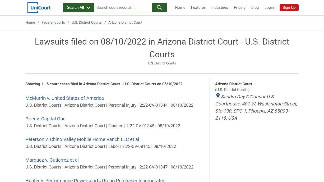 Lawsuits filed on 08/10/2022 in Arizona District Court - U.S. District ...